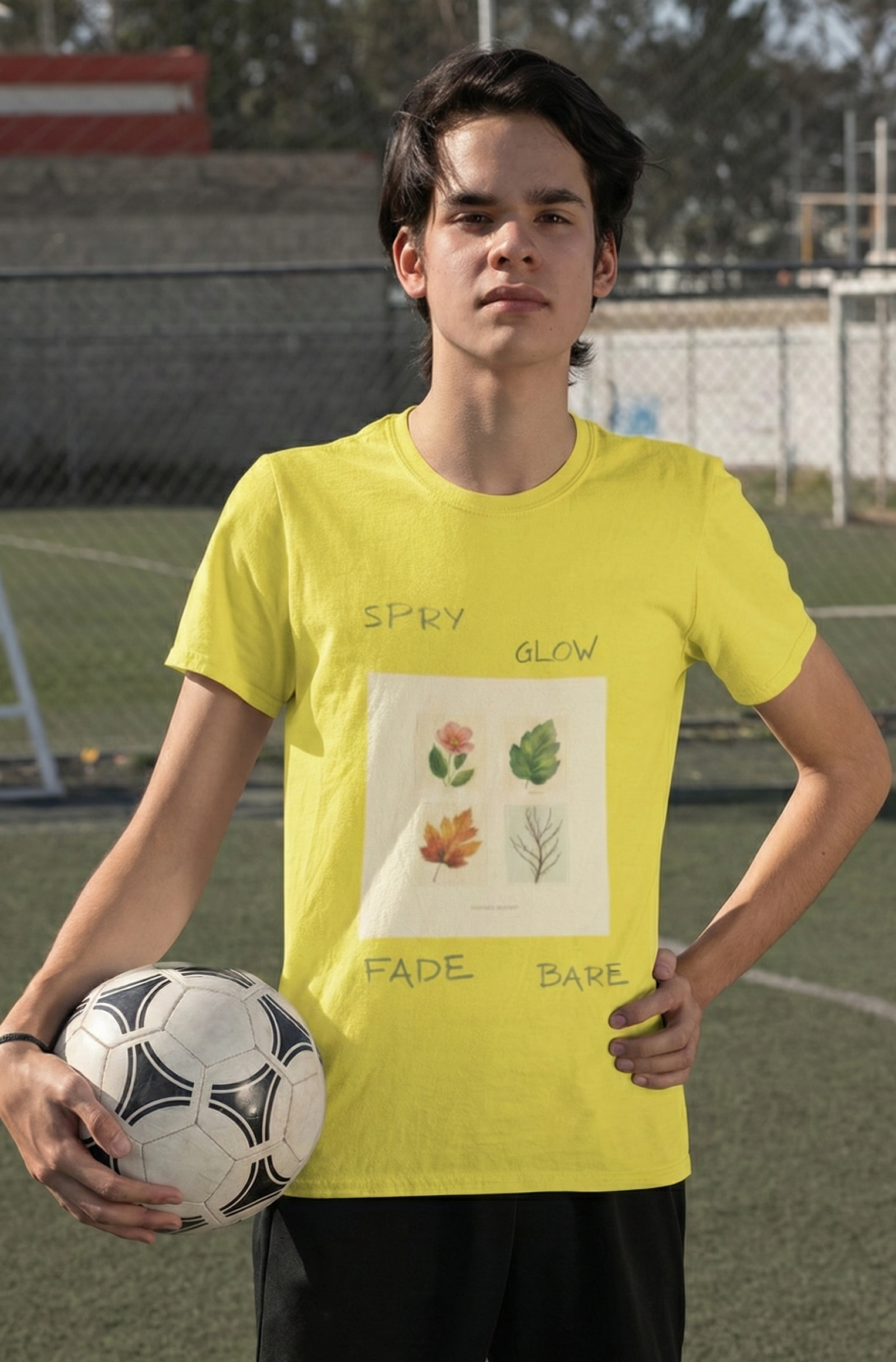 Person wearing a bright yellow t-shirt with a graphic design, holding a soccer ball on a sports field.